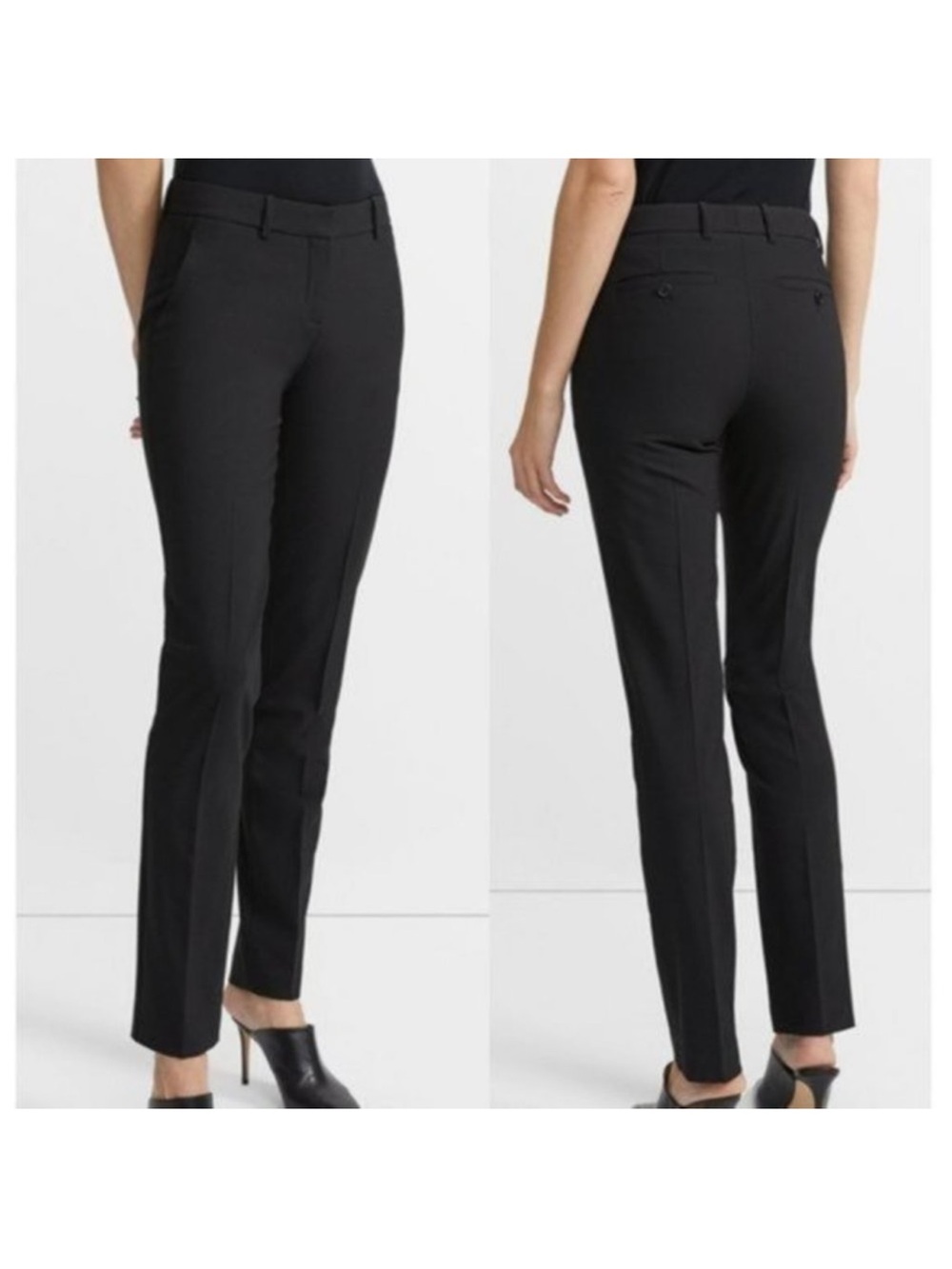 THEORY Slim Pant Stretch Wool Solid Black Pleated Pleat Slim Leg Dress Pants 4
